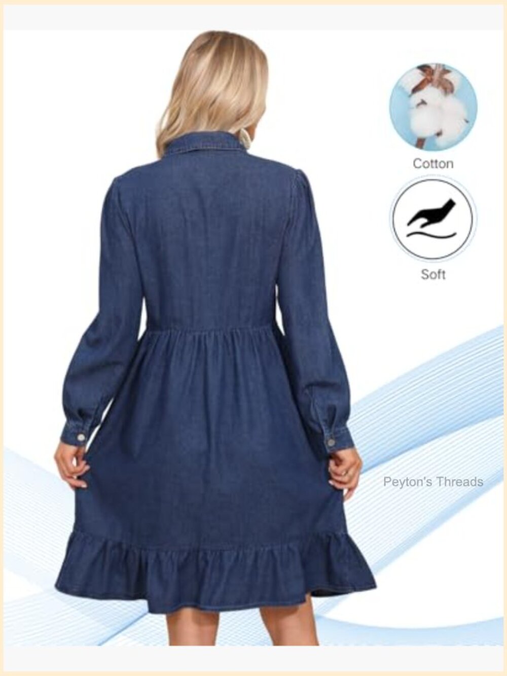 Flowy Denim Midi Dress A Line Ruffle Puff Long Sleeve Button Down Lapel Casual - Picture 5 of 7